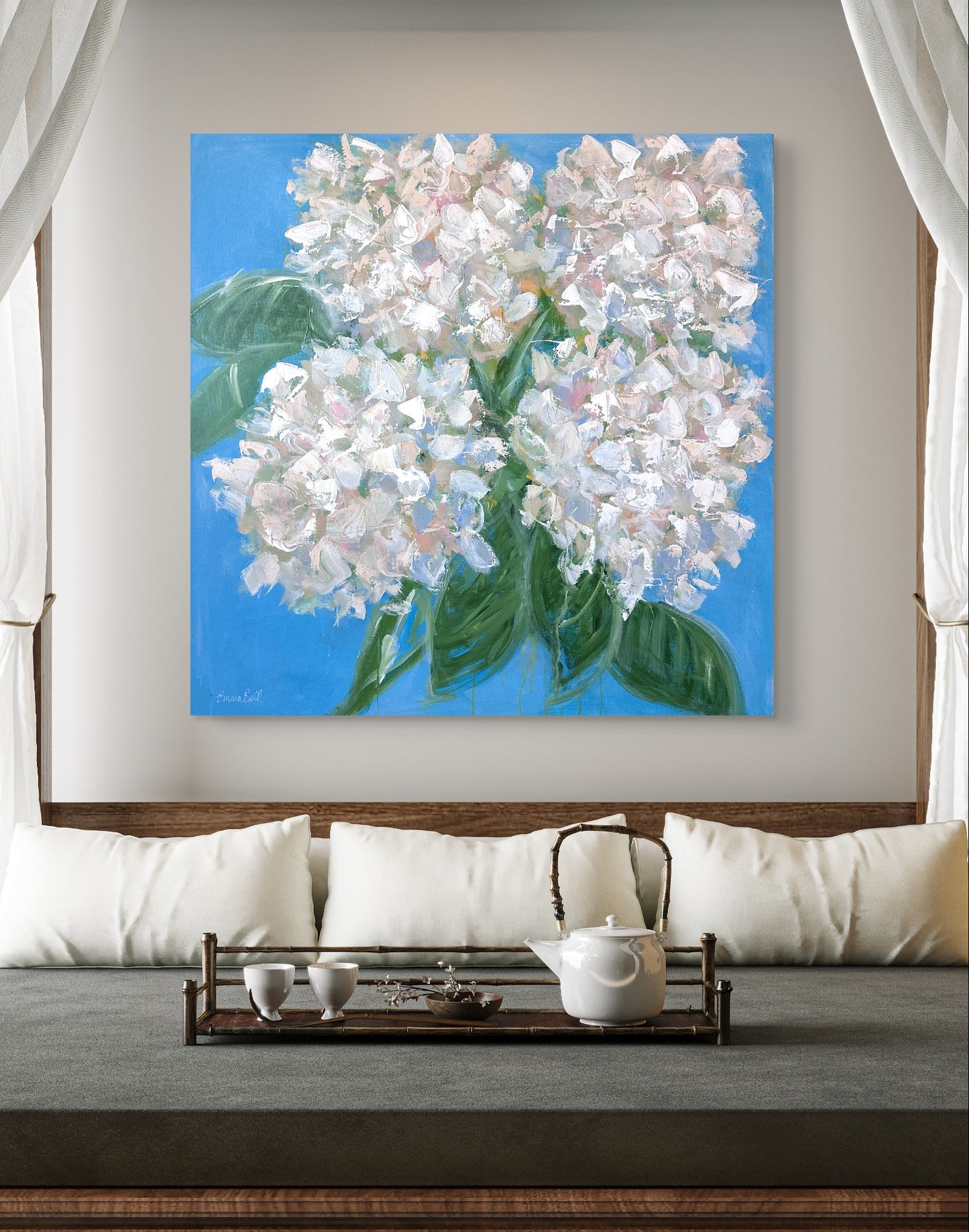 White Hydrangeas on Blue